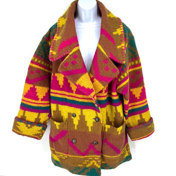 Vintage 90s IB I.B. Diffusion Aztec Southwest Oversized Boiled Wool Jacket XS - Picture 11 of 11